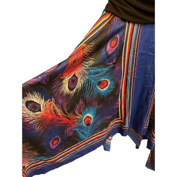 Y2K I.N. Studio Black Halter Multicolored Peacock Print Asymmetrical Hem Size 12 - Picture 4 of 7